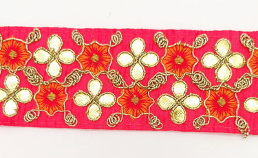 Radical Red Art Silk Fabric Trim, Orange & Gold Floral Embroidery Gota Patti Indian Sari Border Trim By Yard Decorative Trim Craft Lace